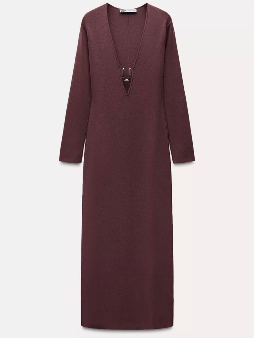Zara Burgundy Long-Sleeve Plunge Midi Dress with Gold Accent - Picture 2 of 4
